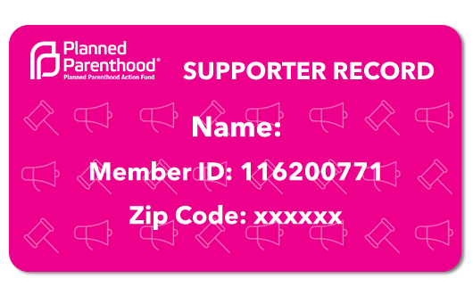 Pink Supporter Record card with supporter's name, member ID, and zip code