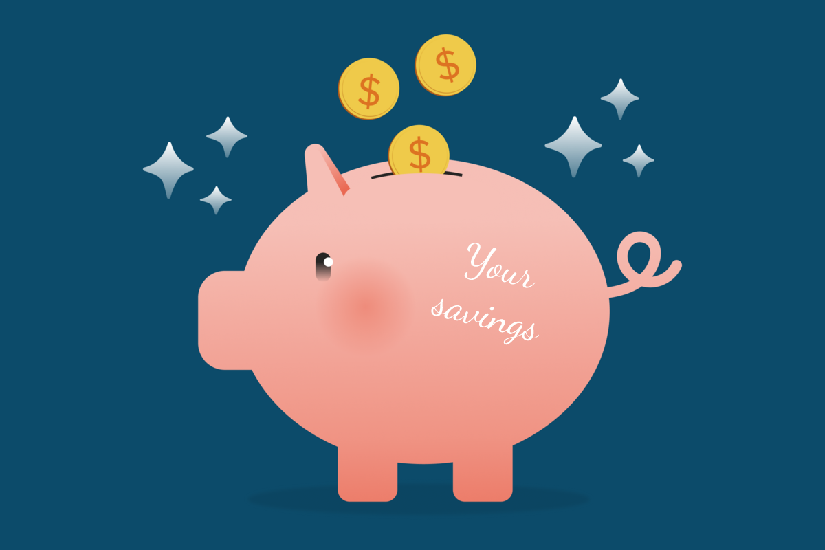 A piggy bank with 'Your
 savings' on the side