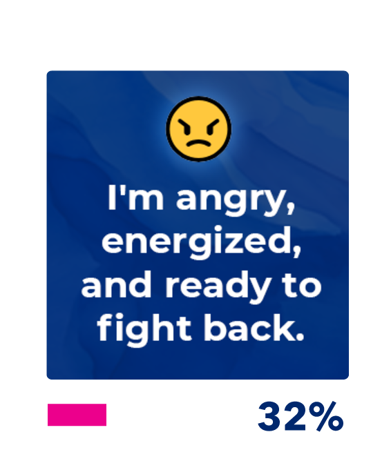 Yellow angry emoji with text: I'm angry, energized, and ready to fight back